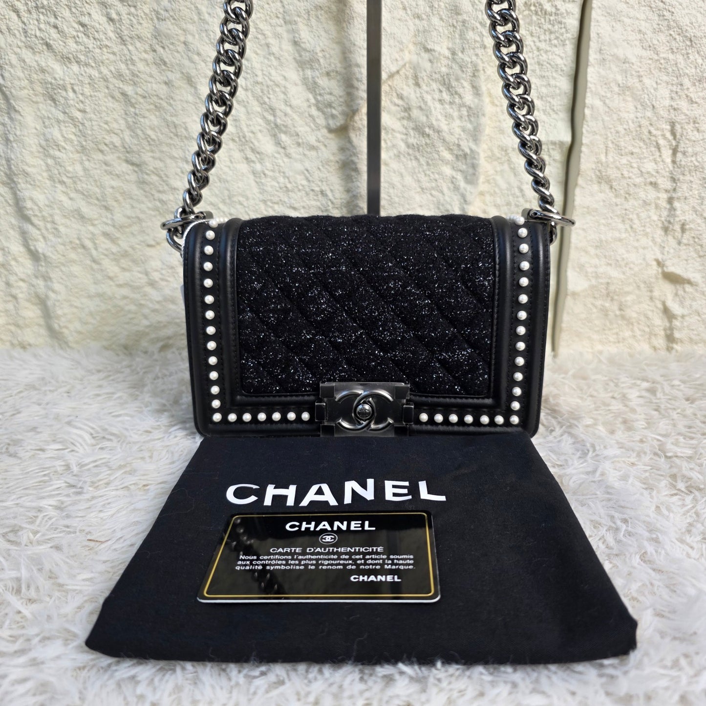 CHANEL Boy Chanel Tweed Chain Shoulder Handbag in Black with Silver Hardware [Pre-Owned]