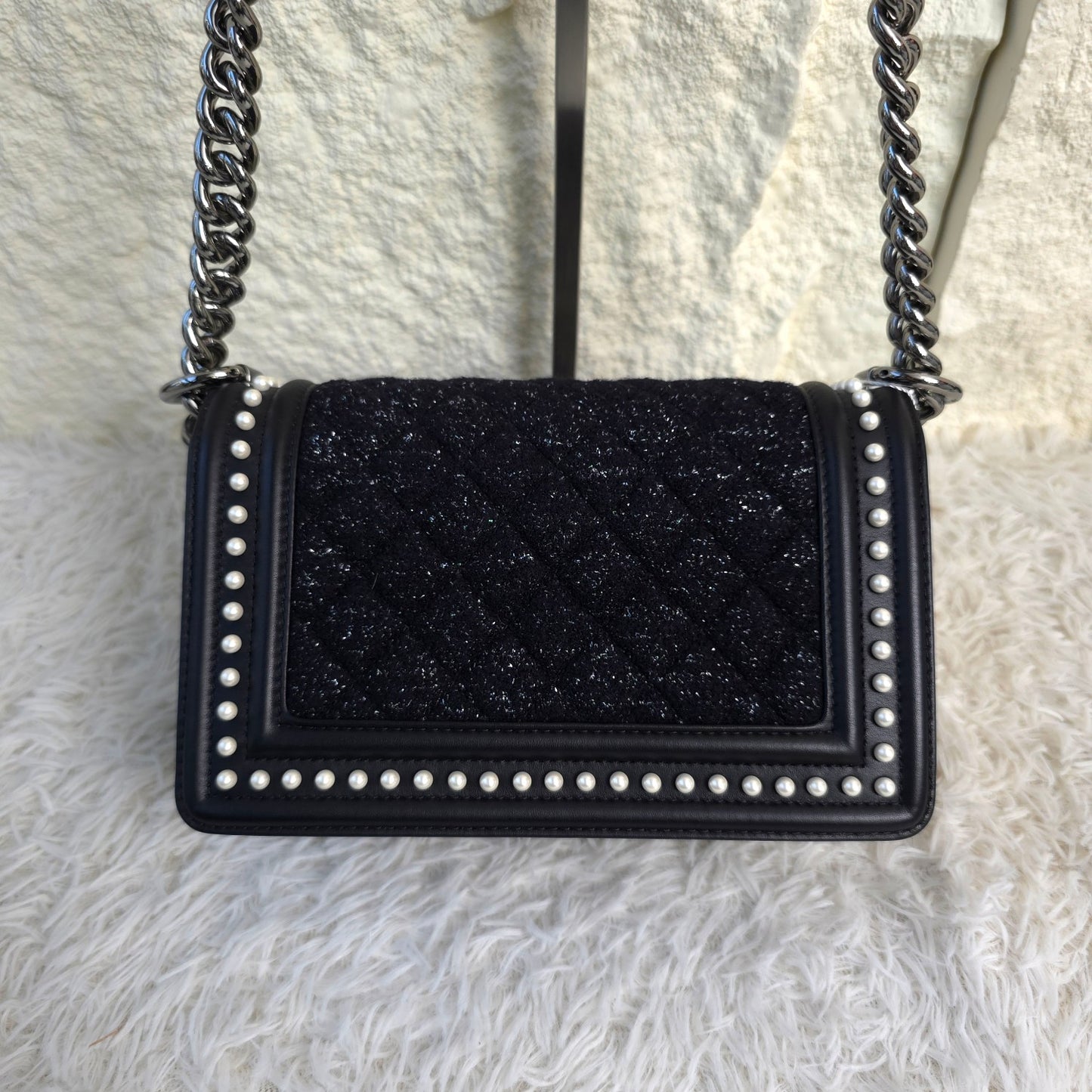 CHANEL Boy Chanel Tweed Chain Shoulder Handbag in Black with Silver Hardware [Pre-Owned]