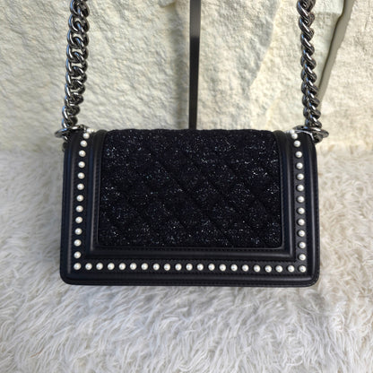CHANEL Boy Chanel Tweed Chain Shoulder Handbag in Black with Silver Hardware [Pre-Owned]