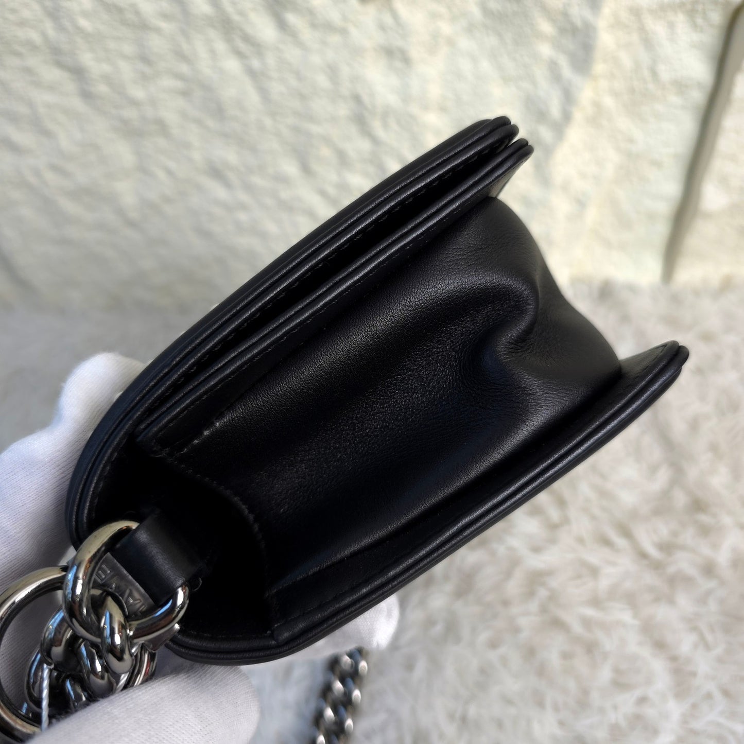 CHANEL Boy Chanel Tweed Chain Shoulder Handbag in Black with Silver Hardware [Pre-Owned]