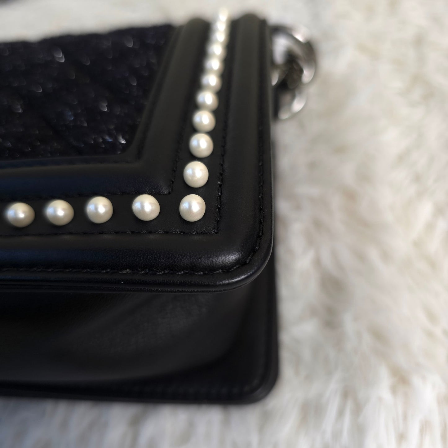 CHANEL Boy Chanel Tweed Chain Shoulder Handbag in Black with Silver Hardware [Pre-Owned]