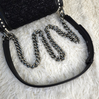 CHANEL Boy Chanel Tweed Chain Shoulder Handbag in Black with Silver Hardware [Pre-Owned]