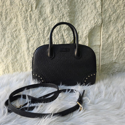 GUCCI GG Pattern Studded Leather Handbag in Black [Pre-Owned]