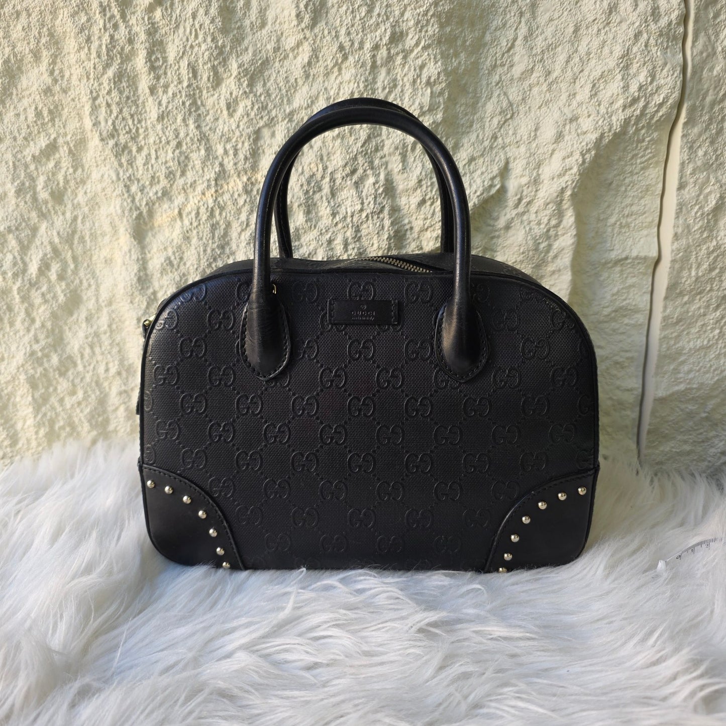 GUCCI GG Pattern Studded Leather Handbag in Black [Pre-Owned]