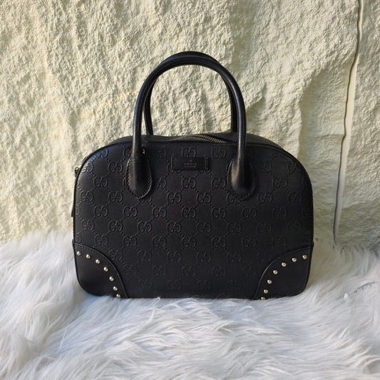 GUCCI GG Pattern Studded Leather Handbag in Black [Pre-Owned]