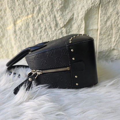 GUCCI GG Pattern Studded Leather Handbag in Black [Pre-Owned]