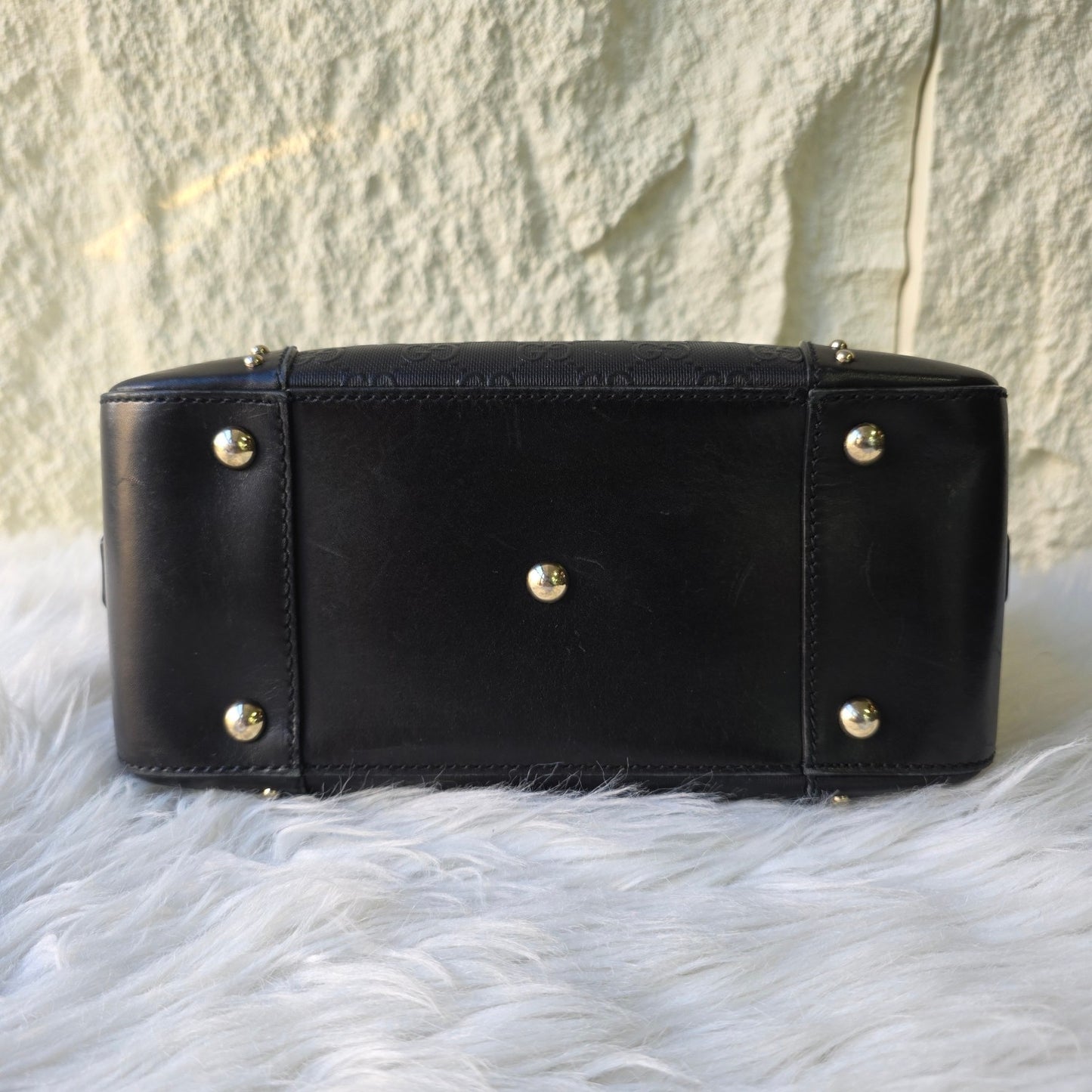 GUCCI GG Pattern Studded Leather Handbag in Black [Pre-Owned]