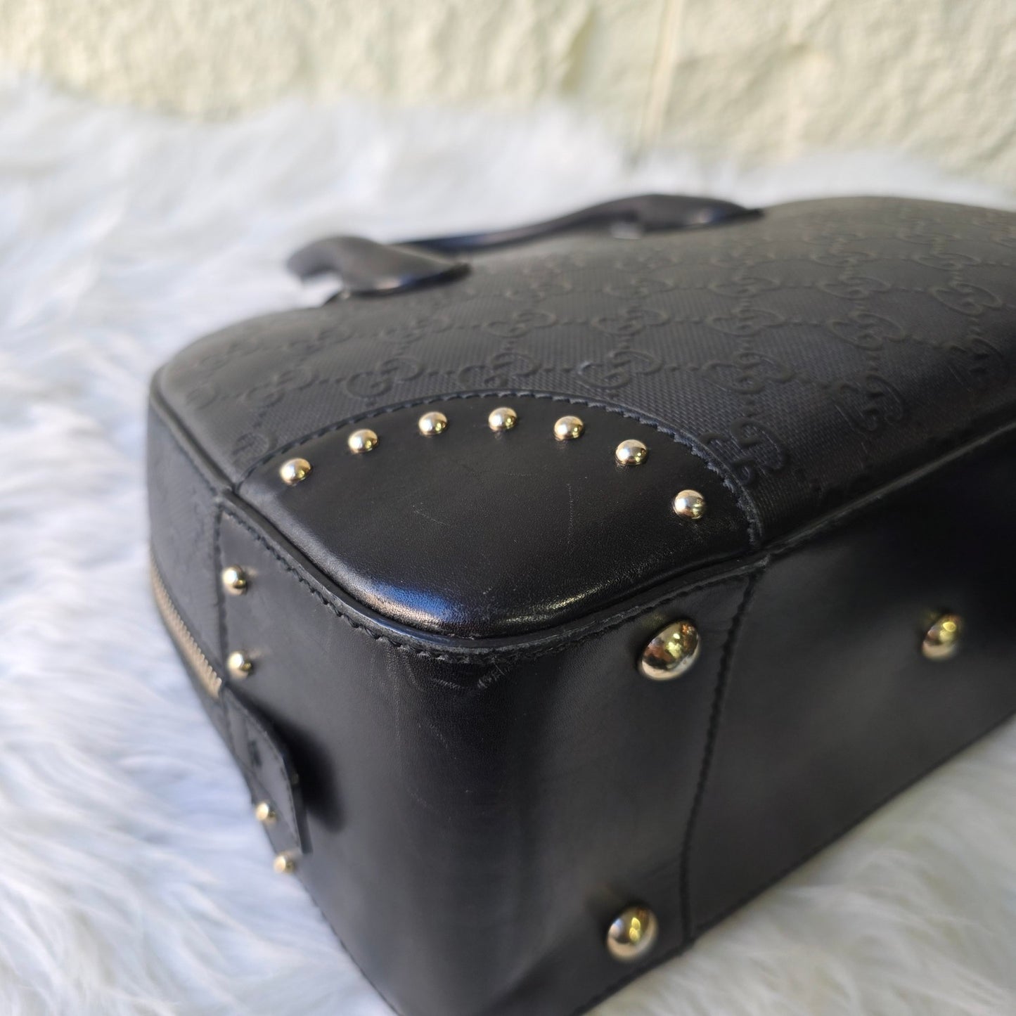 GUCCI GG Pattern Studded Leather Handbag in Black [Pre-Owned]