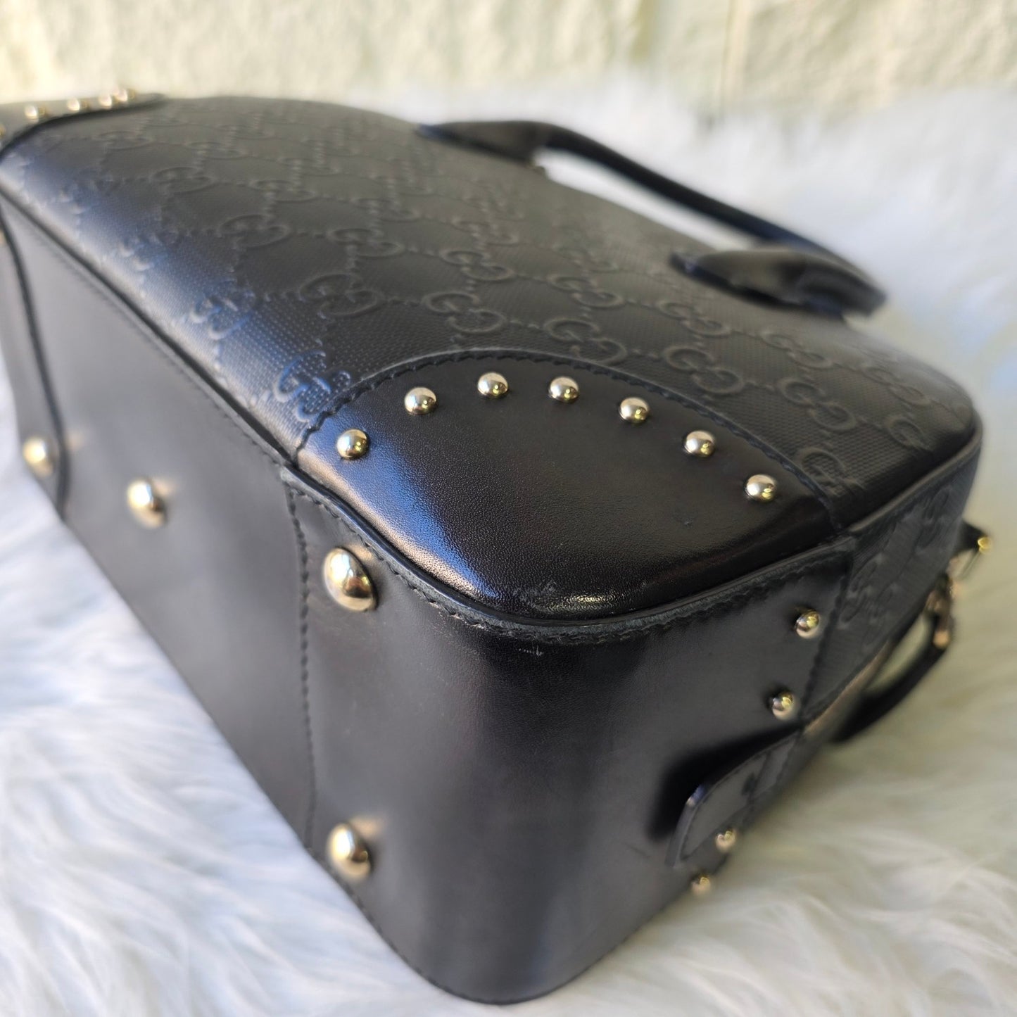 GUCCI GG Pattern Studded Leather Handbag in Black [Pre-Owned]