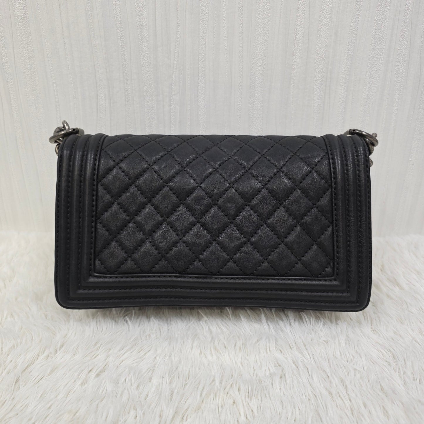 CHANEL Boy Chanel Chain Shoulder Bag Leather Black Silver Hardware [Pre-Owned]