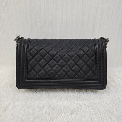 CHANEL Boy Chanel Chain Shoulder Bag Leather Black Silver Hardware [Pre-Owned]
