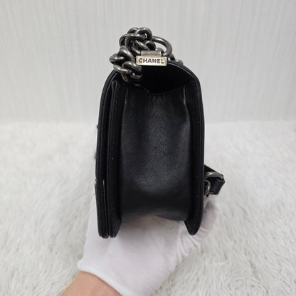 CHANEL Boy Chanel Chain Shoulder Bag Leather Black Silver Hardware [Pre-Owned]