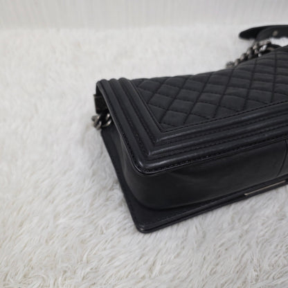 CHANEL Boy Chanel Chain Shoulder Bag Leather Black Silver Hardware [Pre-Owned]
