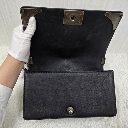 CHANEL Boy Chanel Chain Shoulder Bag Leather Black Silver Hardware [Pre-Owned]