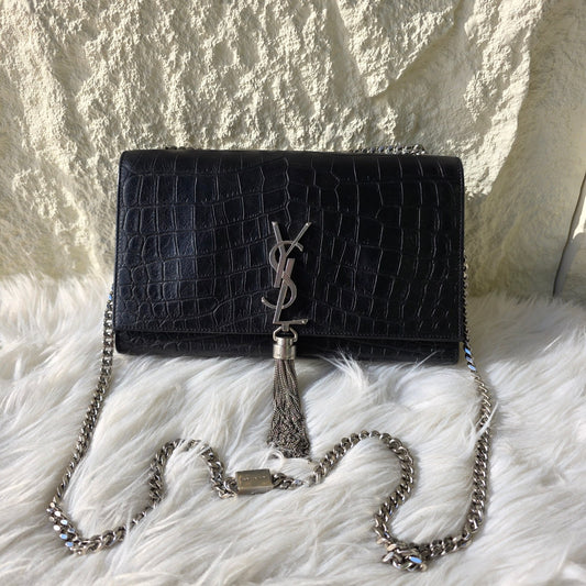 Saint Laurent Kate Croc Embossed Chain Shoulder Bag (Pre-Owned)