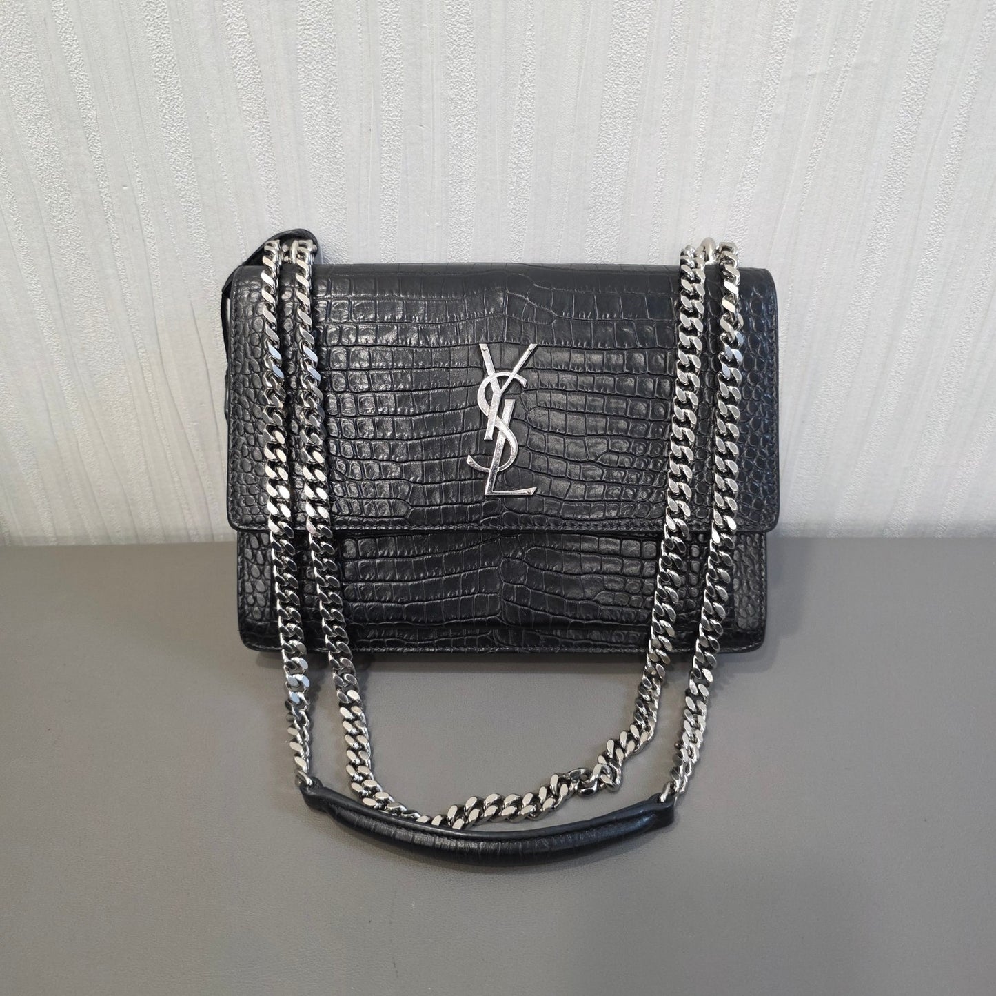 Saint Laurent Sunset Chain Handbag Black Croc Embossed Leather Silver Hardware (Pre-Owned)