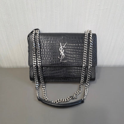 Saint Laurent Sunset Chain Handbag Black Croc Embossed Leather Silver Hardware (Pre-Owned)