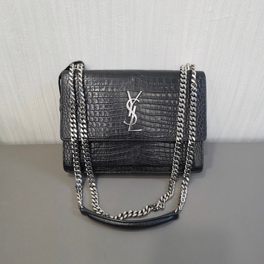 Saint Laurent Sunset Chain Handbag Black Croc Embossed Leather Silver Hardware (Pre-Owned)