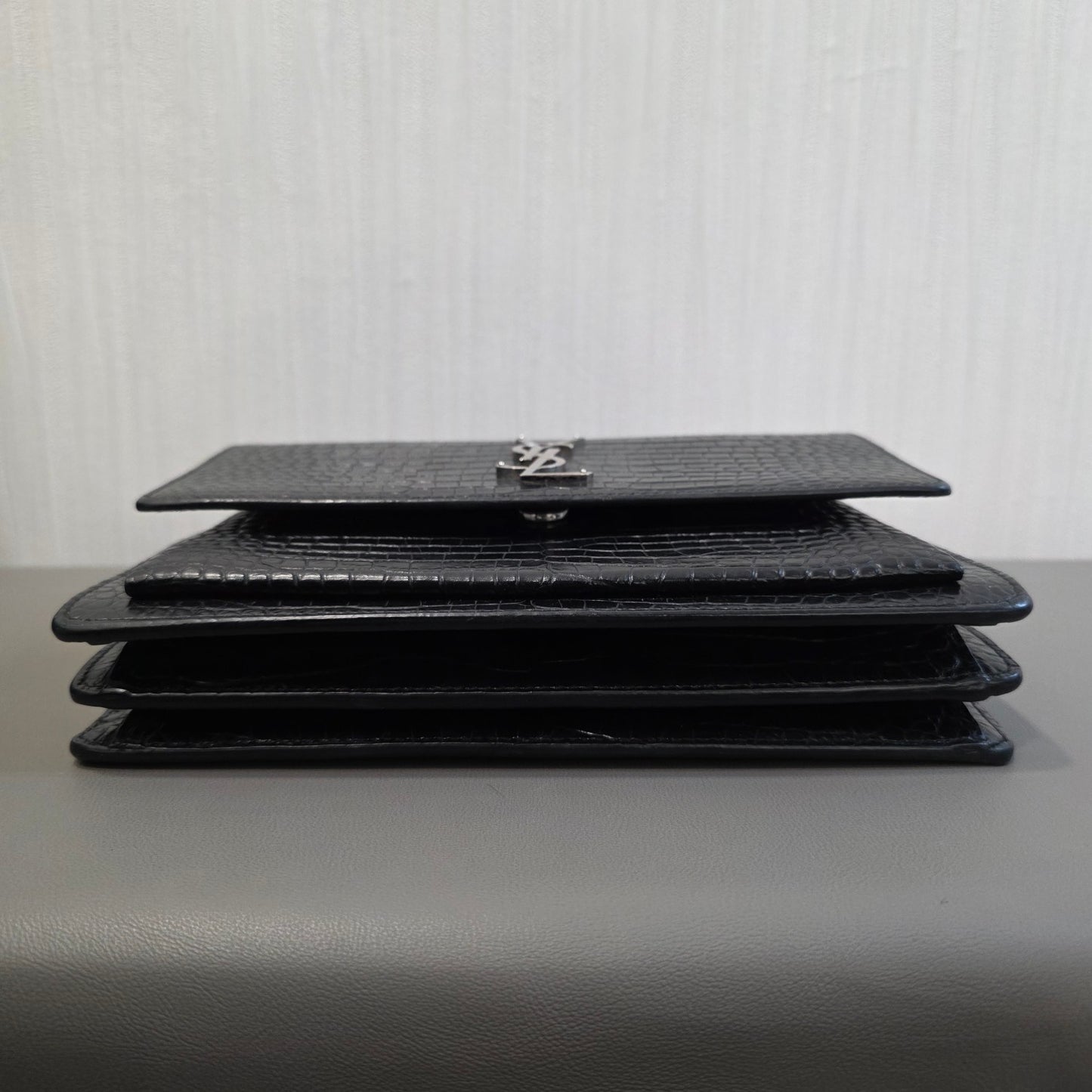 Saint Laurent Sunset Chain Handbag Black Croc Embossed Leather Silver Hardware (Pre-Owned)