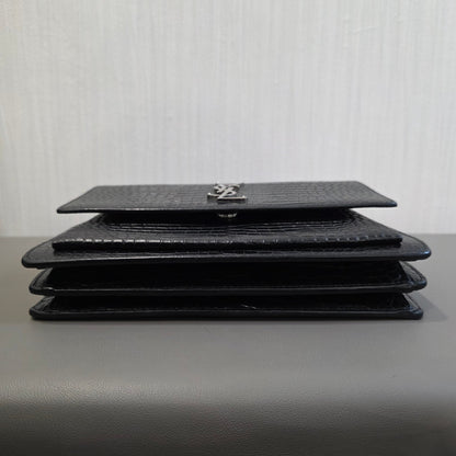 Saint Laurent Sunset Chain Handbag Black Croc Embossed Leather Silver Hardware (Pre-Owned)