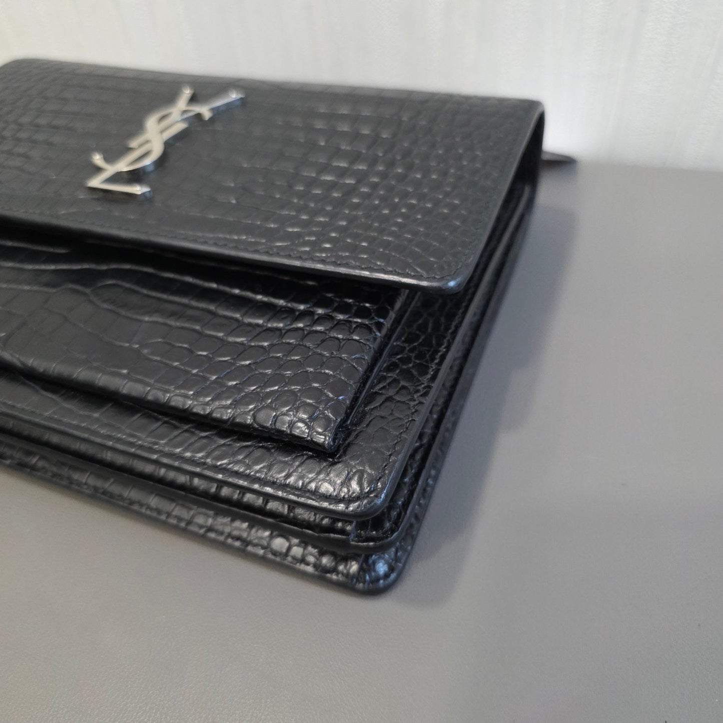 Saint Laurent Sunset Chain Handbag Black Croc Embossed Leather Silver Hardware (Pre-Owned)