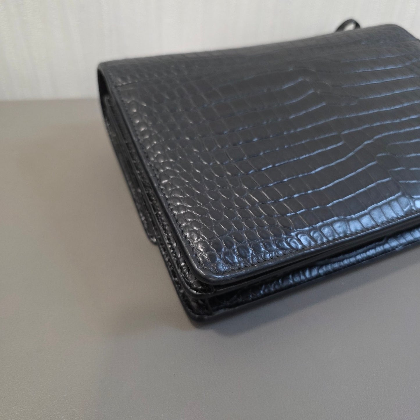 Saint Laurent Sunset Chain Handbag Black Croc Embossed Leather Silver Hardware (Pre-Owned)