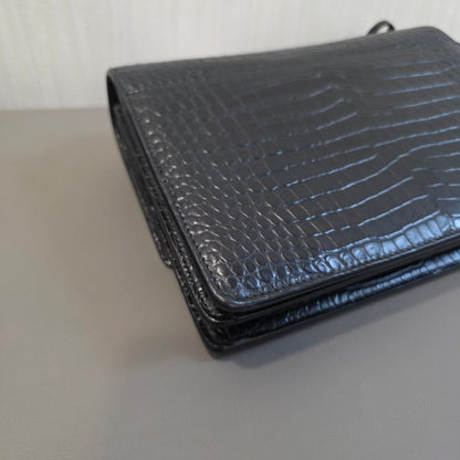 Saint Laurent Sunset Chain Handbag Black Croc Embossed Leather Silver Hardware (Pre-Owned)