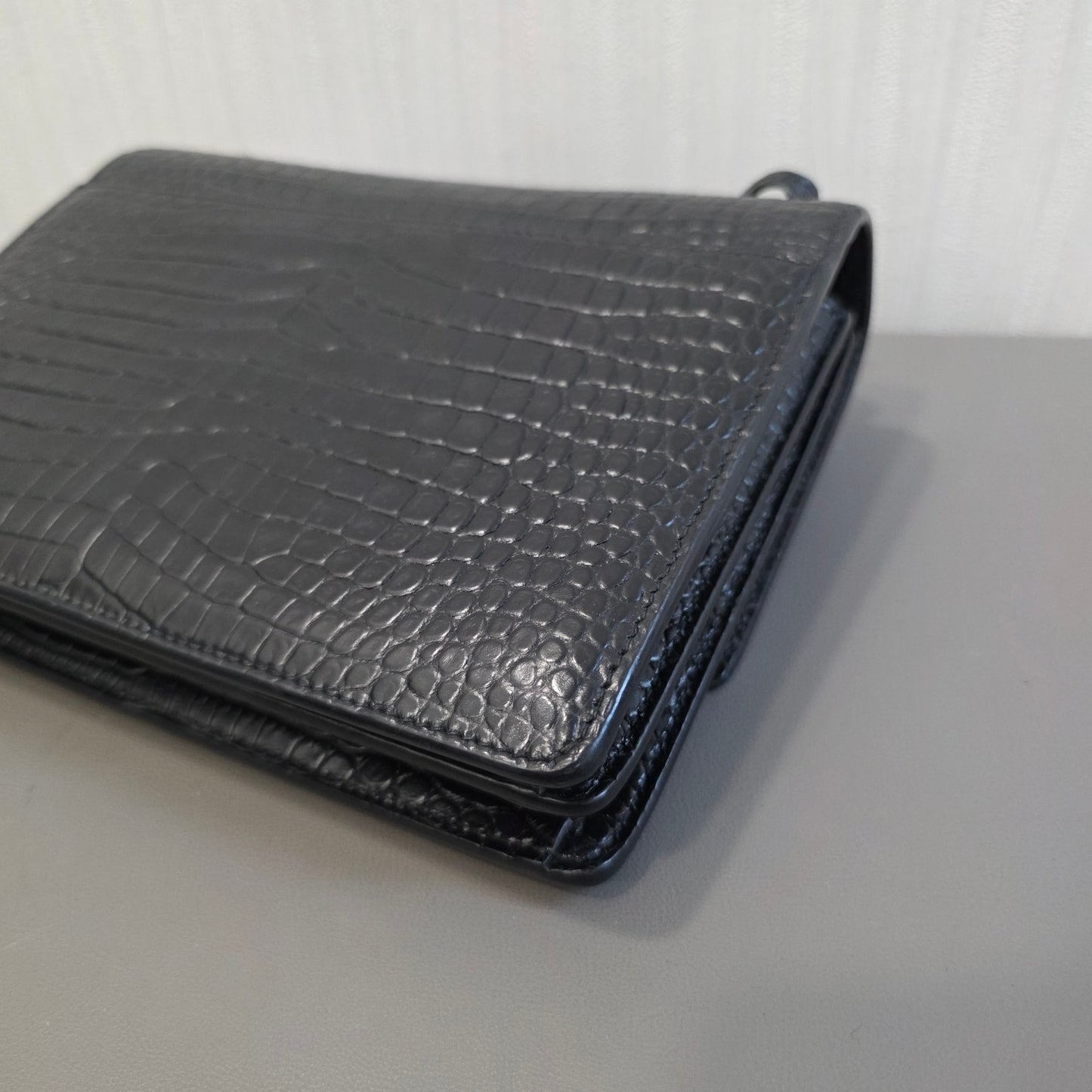 Saint Laurent Sunset Chain Handbag Black Croc Embossed Leather Silver Hardware (Pre-Owned)