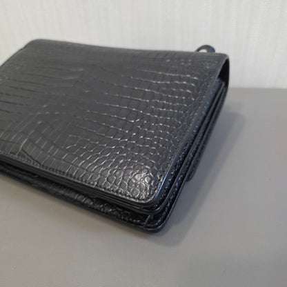 Saint Laurent Sunset Chain Handbag Black Croc Embossed Leather Silver Hardware (Pre-Owned)