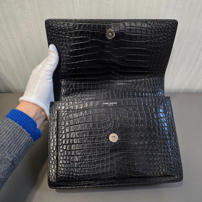 Saint Laurent Sunset Chain Handbag Black Croc Embossed Leather Silver Hardware (Pre-Owned)