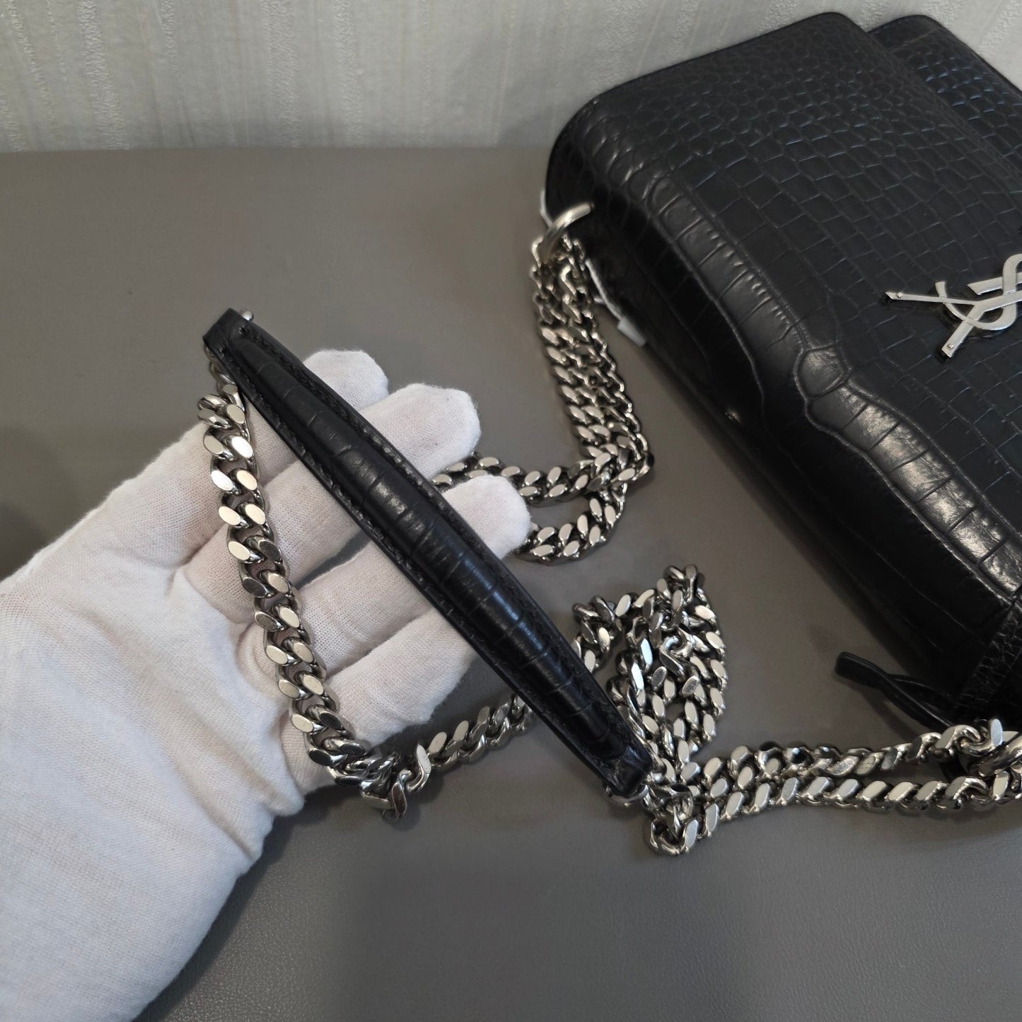 Saint Laurent Sunset Chain Handbag Black Croc Embossed Leather Silver Hardware (Pre-Owned)