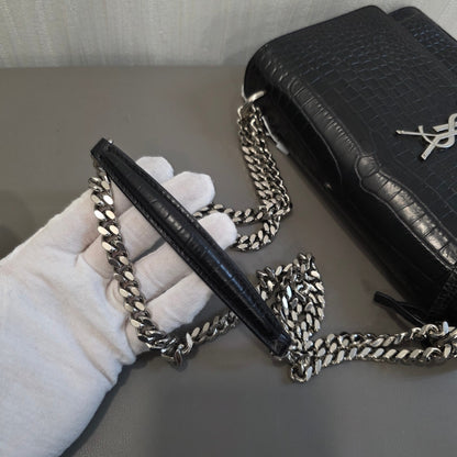 Saint Laurent Sunset Chain Handbag Black Croc Embossed Leather Silver Hardware (Pre-Owned)