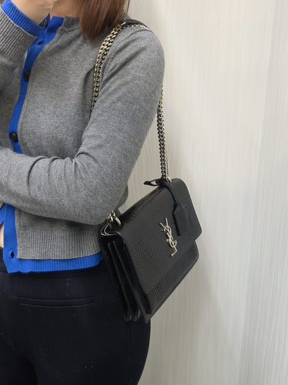 Saint Laurent Sunset Chain Handbag Black Croc Embossed Leather Silver Hardware (Pre-Owned)