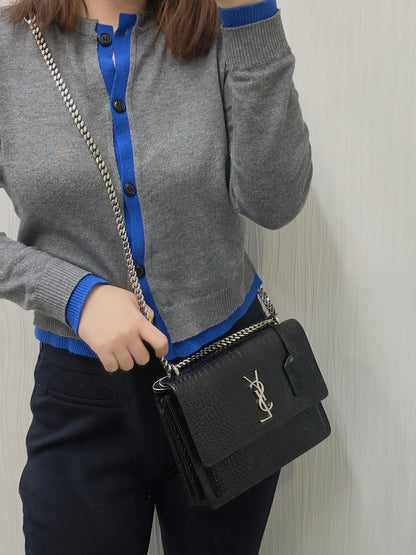 Saint Laurent Sunset Chain Handbag Black Croc Embossed Leather Silver Hardware (Pre-Owned)