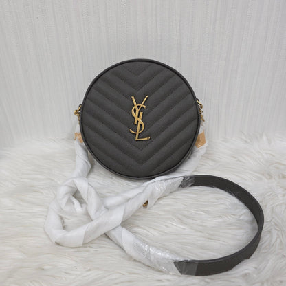 Saint Laurent Lou Round Crossbody Handbag Grey Quilted Leather Gold Logo (Pre-Owned)