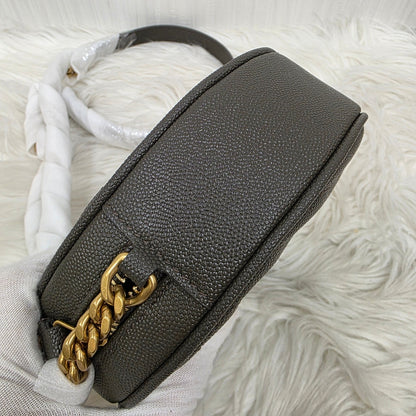 Saint Laurent Lou Round Crossbody Handbag Grey Quilted Leather Gold Logo (Pre-Owned)