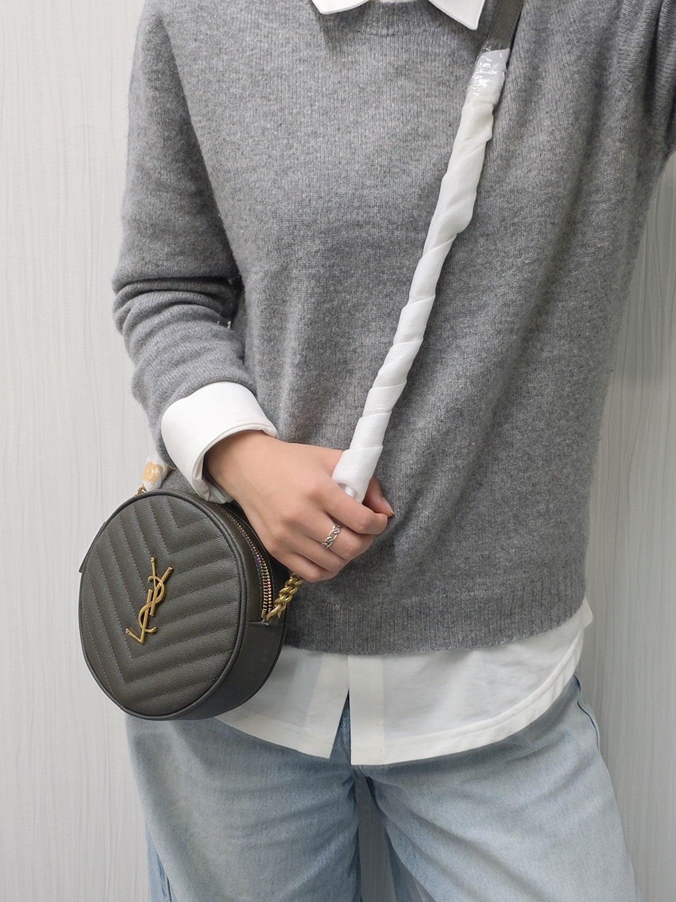 Saint Laurent Lou Round Crossbody Handbag Grey Quilted Leather Gold Logo (Pre-Owned)