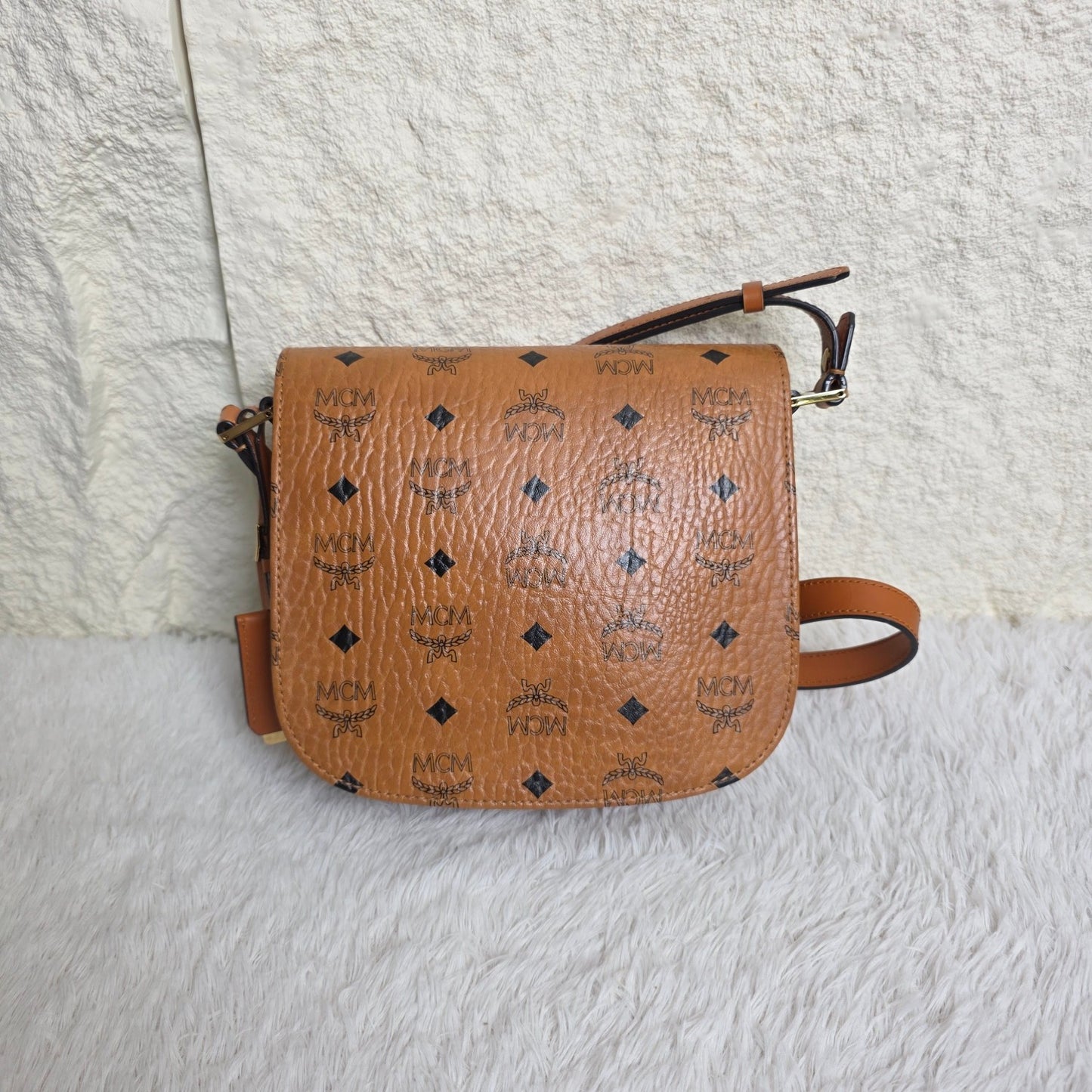 MCM Visetos Cognac Saddle Crossbody Handbag (Pre-Owned)