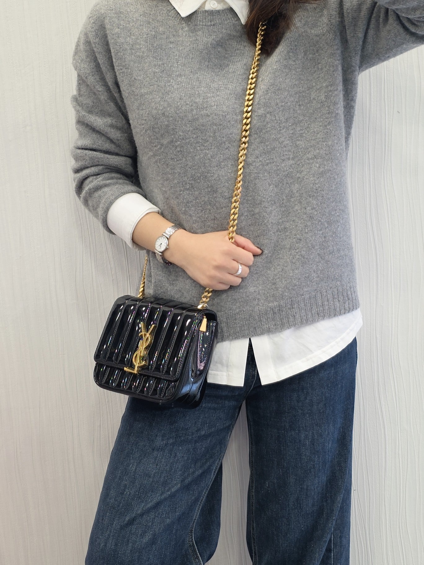 Saint Laurent Vicky Patent Leather Chain Shoulder Bag (Pre-Owned)