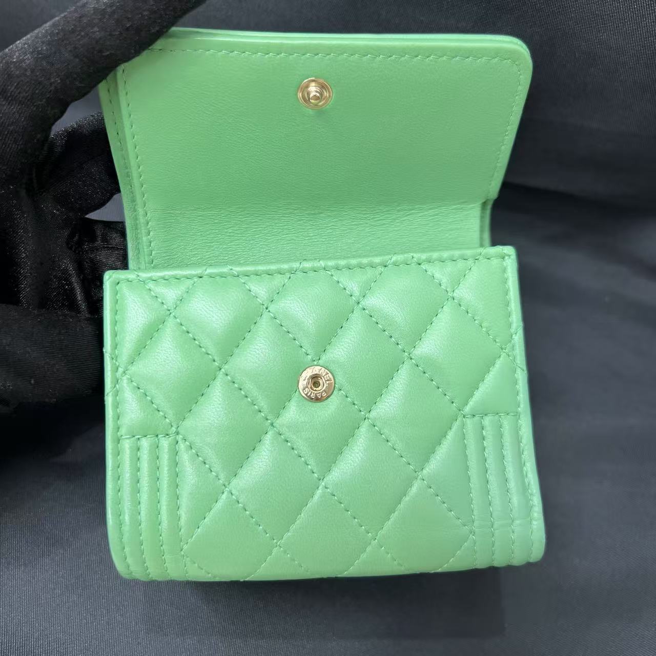 CHANEL Boy Trifold Wallet Mint Green Lambskin (Pre-Owned)