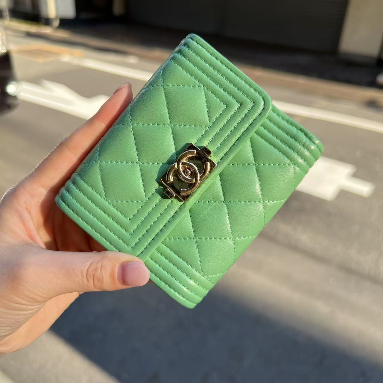 CHANEL Boy Trifold Wallet Mint Green Lambskin (Pre-Owned)