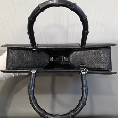 Gucci Bamboo Handle Structured Tote Bag Black Leather (Pre-Owned)
