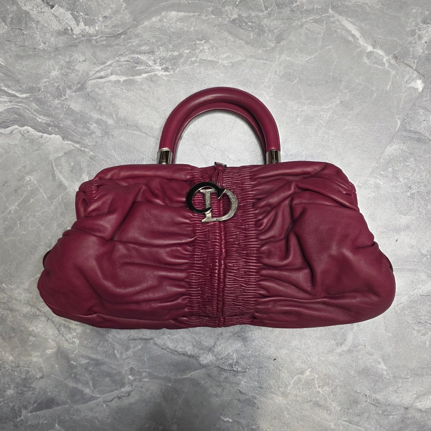 Christian Dior Gathered Leather Top Handle Bag Burgundy (Pre-Owned)