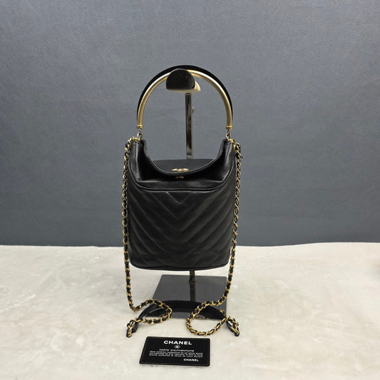 Chanel Chevron Quilted Bucket Bag Black Lambskin Gold Hardware (Pre-Owned)