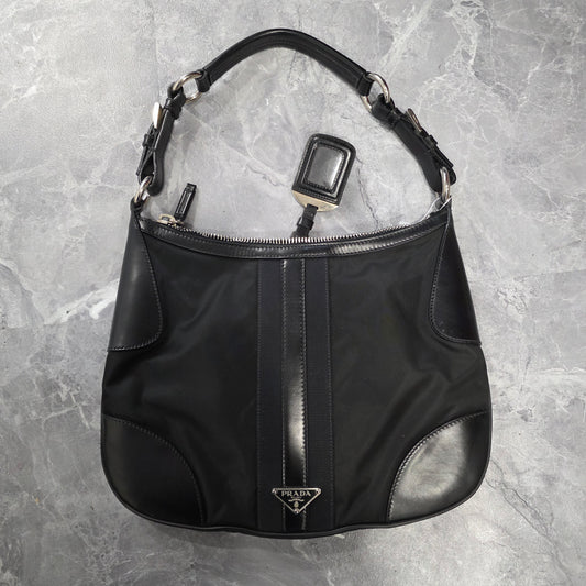 Prada Nylon & Leather Hobo Shoulder Bag (Pre-Owned)