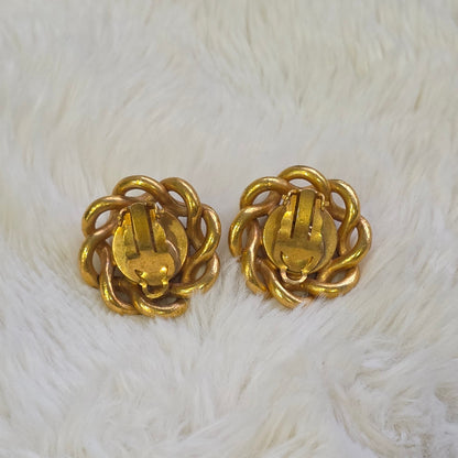 Chanel Vintage Gold-Tone CC Textured Round Clip-On Earrings (Pre-Owned)