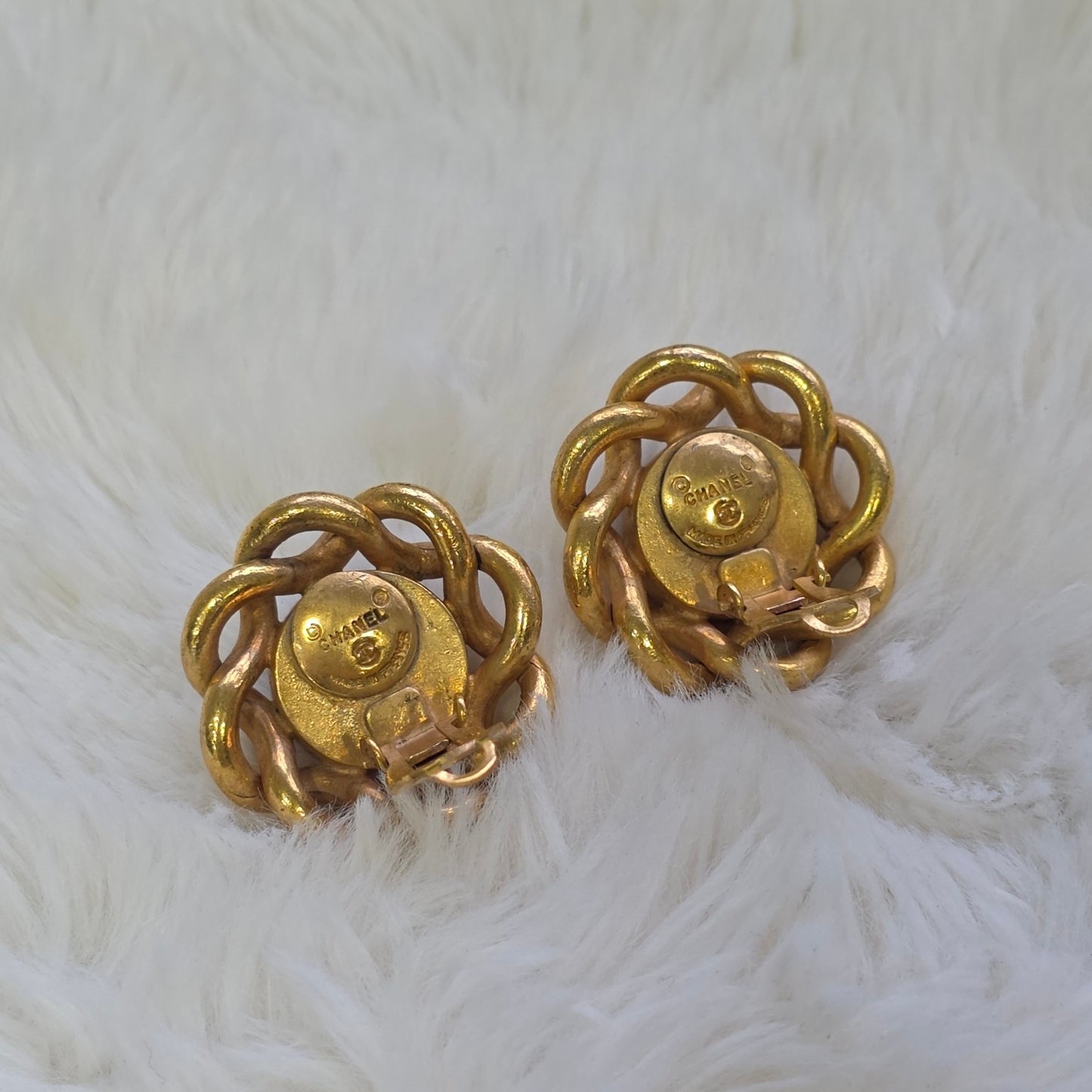 Chanel Vintage Gold-Tone CC Textured Round Clip-On Earrings (Pre-Owned)