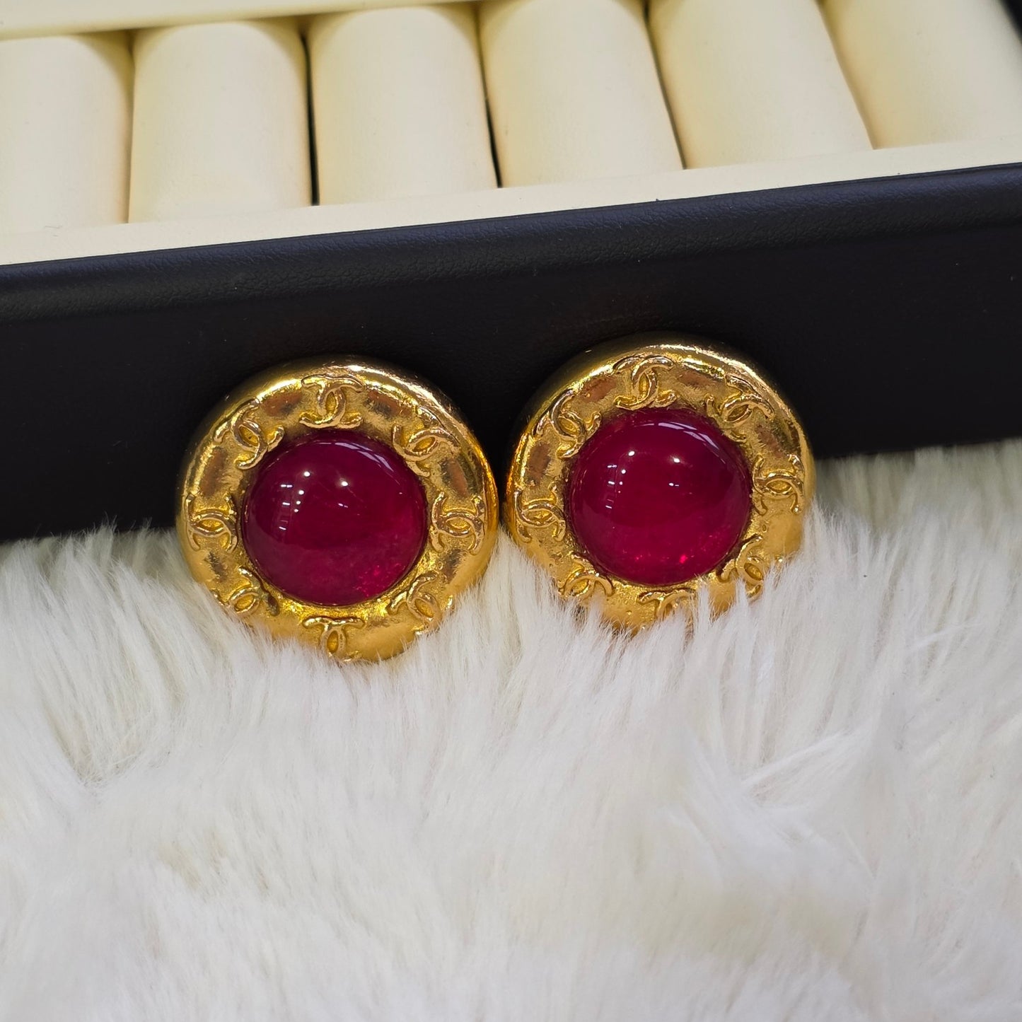 Chanel Vintage CC Logo Red Gripoix Cabochon Round Clip-On Earrings (Pre-Owned)