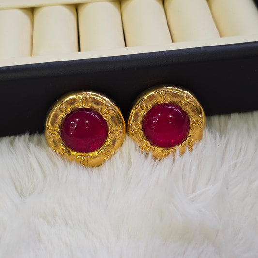 Chanel Vintage CC Logo Red Gripoix Cabochon Round Clip-On Earrings (Pre-Owned)
