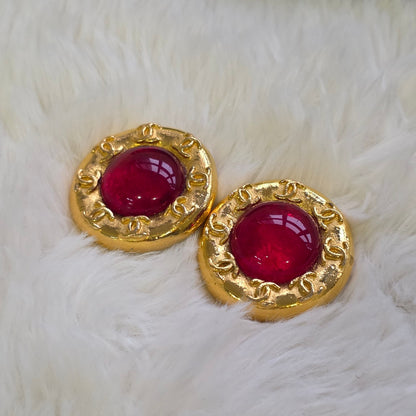 Chanel Vintage CC Logo Red Gripoix Cabochon Round Clip-On Earrings (Pre-Owned)